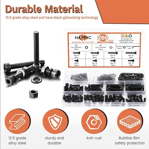 260 Pcs M5 Screws Assortment Kit, M5x 8/10/12/16/20/25/30/35mm M5 Bolts Kit 12.9 Alloy Steel Nuts and Bolts Assortment Kit Black Zinc Plated Hex Socket Head Screws Nuts Bolts and Washers Set