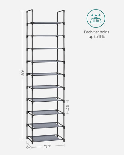 SONGMICS Shoe Rack, 10-Tier Shoe Shelf, Shoe Storage Organizer, 11 x 17.7 x 68 Inches, Metal Frame, Non-Woven Fabric Shelves, for Entryway, Bedroom, Gray ULSH010G01