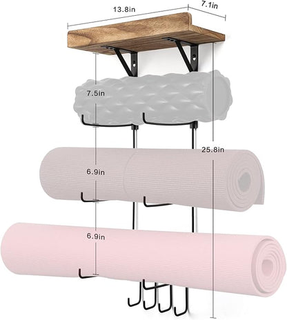 2 PACK Yoga Mat Holder Wall Mount Yoga Mat Storage Shelf Rack Home Gym Accessories with Wood Floating Shelves and 4 Hooks for Hanging Foam Roller and Resistance Bands Home Gym Carbonized Black