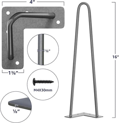 SMARTSTANDARD 16 Inch Heavy Duty Hairpin Furniture Legs, Metal Home DIY Projects for Nightstand, Coffee Table, Desk, etc with Rubber Floor Protectors Grey 4PCS