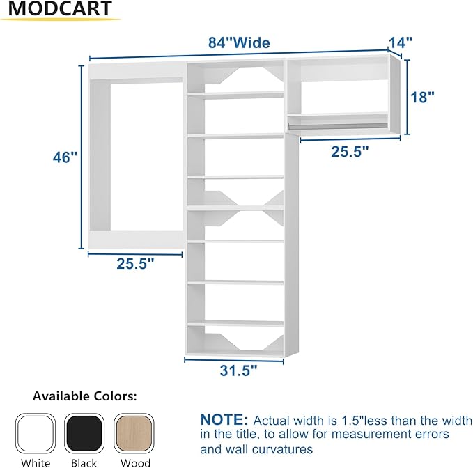 Modular Closet, 84" Wide Organizer with Towers and Hanging, Wood Tower Storage for Walk-in Closets, Wall-Mounted Wardrobe Organizer Kit, White