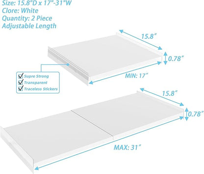 Expandable Closet Tension Shelf, 2 Packs Metal Storage Rack Organizer DIY Divider Separator for Cabinet Wardrobe Cupboard Kitchen (White,15.8" D x 17"-31" W,2PCS)