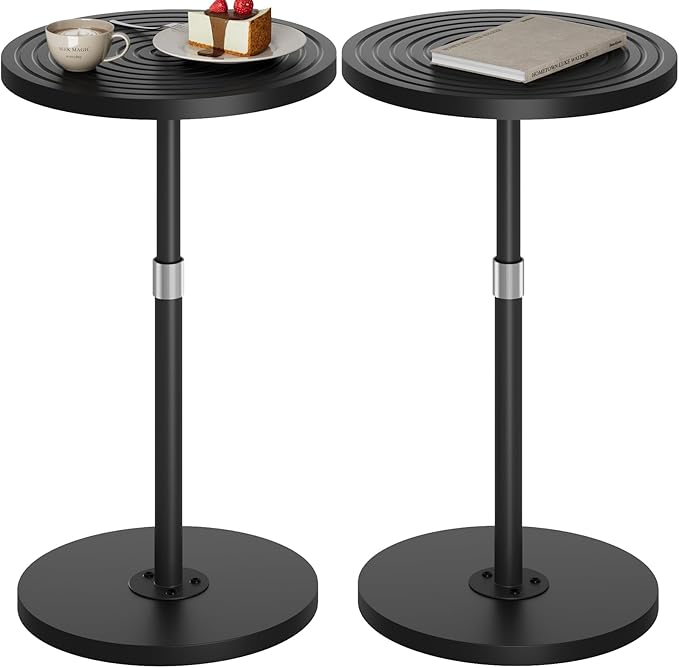 Round Side Table Set of 2, Adjustable-Height Small Drink Table, Pedestal Martini Stand, Weighted Base Cocktail Table Accent Nightstand for Living Room, Bedroom, Bathroom, Office, Black