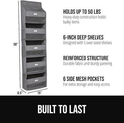 GORILLA GRIP Over The Door Organizer Storage, 5 Deep Hanging Shelves, Holds 50lbs, Closet Organizers Shelf for Bedroom, Shoes, Bathroom, Nursery, Dorm Essentials, 3 Metal Hooks, 58x15 Inches, Gray