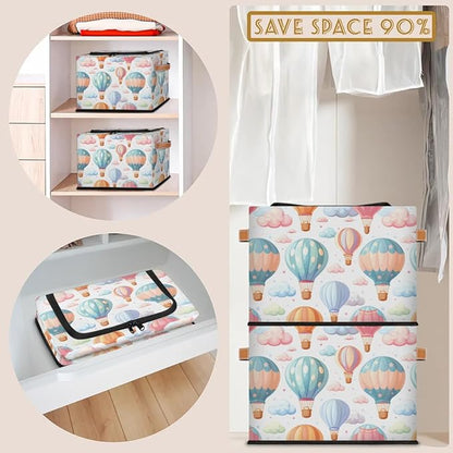 Colorful Hot Balloon Storage Bins with Zipper Lid, Collapsible Fabric Storage Basket with Leather Handles Closet Shelf Cloth Organizer Basket for Nursery Bedroom Clothes Toy