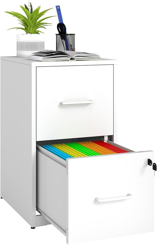 2 Drawer File Cabinet with Lock, Vertical Filing Cabinets for Home Office, Metal Storage Cabinet, Heavy Duty File Cabinet for Under Desk, Amsseble Required, White