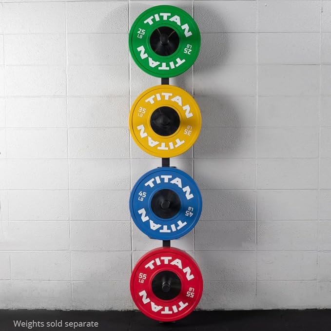 Titan Fitness Weight Plate Wall Mounted Storage Rack, Angled 4-Peg Design, Olympic Sized Weight Plate Organizer, Rated 800 LB, Anchored Wall Mounted Storage
