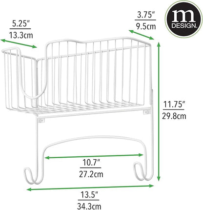 mDesign Wall Mounted Ironing Board Holder - Steel Ironing Board Rack for Easy Organisation - Includes Basket for Iron Storage - White