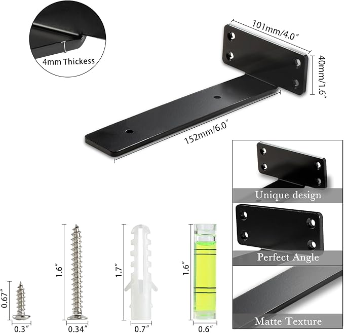 HEART ART Floating Shelf Bracket 6 Inch,2 Pack Heavy Duty Shelf Brackets,L Brackets for Shelves Black,6”L x 1.3”H x1.3”W