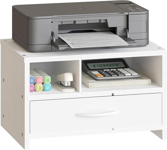 HOOBRO Desktop Printer Stand, Printer Stand Shelf Organizer with Drawer, Wooden Under Desk Printer Table, Storage Shelf, for Home Office White WT08PS01