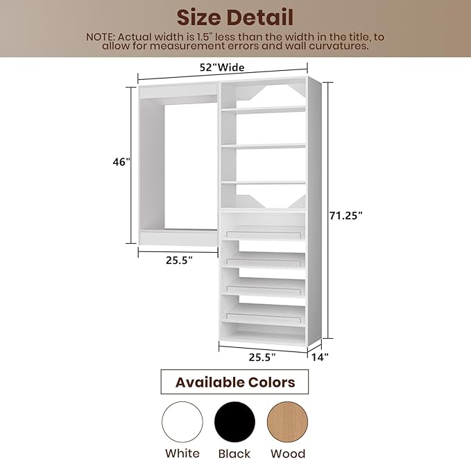 ROOMTEC Modular Closet System, 52" Wall Mounted Closet Organizer with Hanging Rods and Shoe Shelf, Wooden Tower for Walk-In Closets, Wardrobe Storage Kit, White