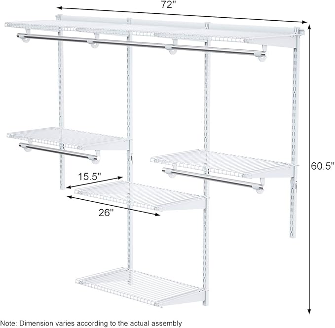 S AFSTAR 4 to 6 FT Mounted Closet Systems, Height Adjustable Custom Clothes Closet Kit with 3 Hanging Rod & 6 Storage Shelves, Wall-Mounted Clothes Closet Organizer for Bedroom Apartment, White