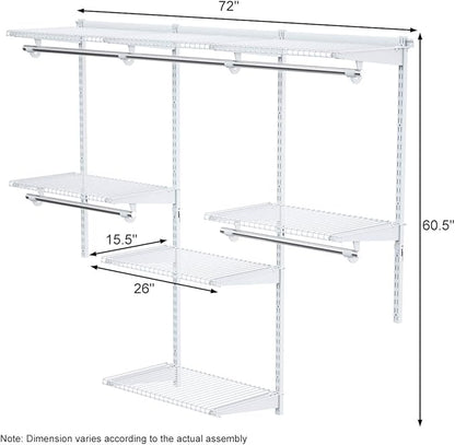 S AFSTAR 4 to 6 FT Mounted Closet Systems, Height Adjustable Custom Clothes Closet Kit with 3 Hanging Rod & 6 Storage Shelves, Wall-Mounted Clothes Closet Organizer for Bedroom Apartment, White