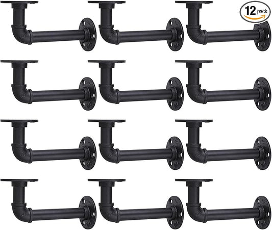 MUZIK Shelf Brackets, 12 Pack Industrial Pipe Floating Shelf Bracket, Heavy Duty Wall Mount Shelf Brackets & Supports, Vintage Black Iron Finish DIY Pipe Brackets for Shelves (7*4 Inch)
