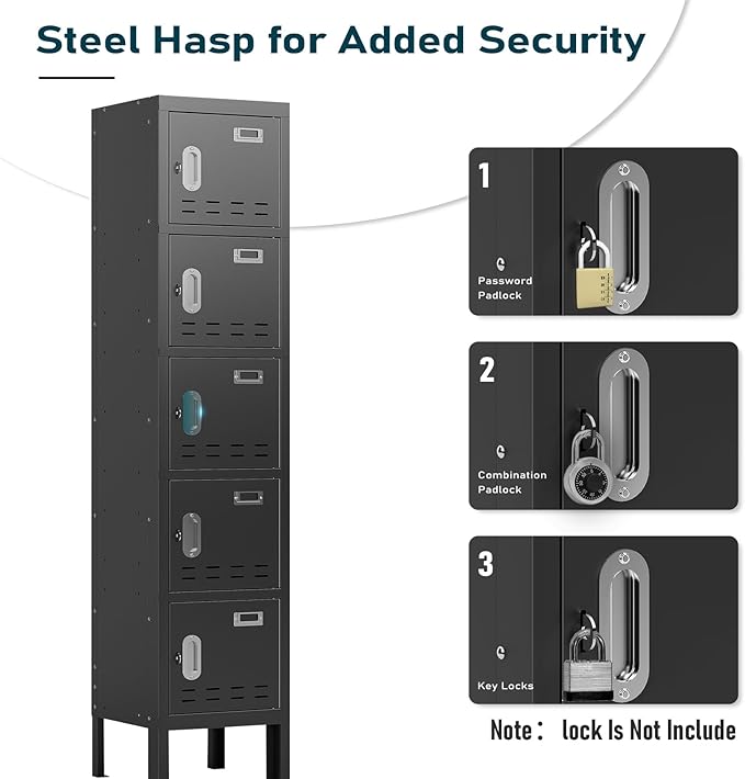 Metal Storage Locker with Lock & Card Slot Locker - Secure Lockable Door - Steel Locker for School, Office, Gym, Home - 66.15" H x 11.8" W x 11.8" D（5 Door, Black）