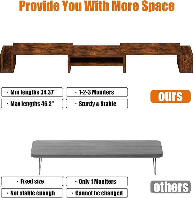 Wood Dual Monitor Stand Riser, Desk Organizers and Accessories with Storage Pen Holders, Adjustable Length and Angle 3 Shelf Extra Long 46" Desktop Organizer for 2 Monitors, Computer, Laptop, TV,Rustic Brown (Triple)