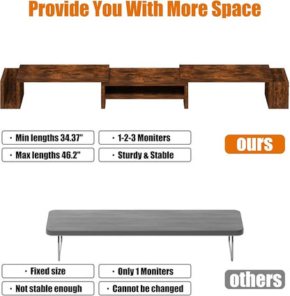 Wood Dual Monitor Stand Riser, Desk Organizers and Accessories with Storage Pen Holders, Adjustable Length and Angle 3 Shelf Extra Long 46" Desktop Organizer for 2 Monitors, Computer, Laptop, TV,Rustic Brown (Triple)