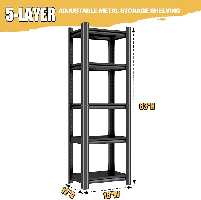 Heavy Duty Garage Shelving Unit, 5-Tier Adjustable Metal Storage Shelves, 3000LBS Utility Rack Shelf for Garage & Basement,Tool Organization, Warehouse, Pantry Closet, Kitchen, 16" W, Black