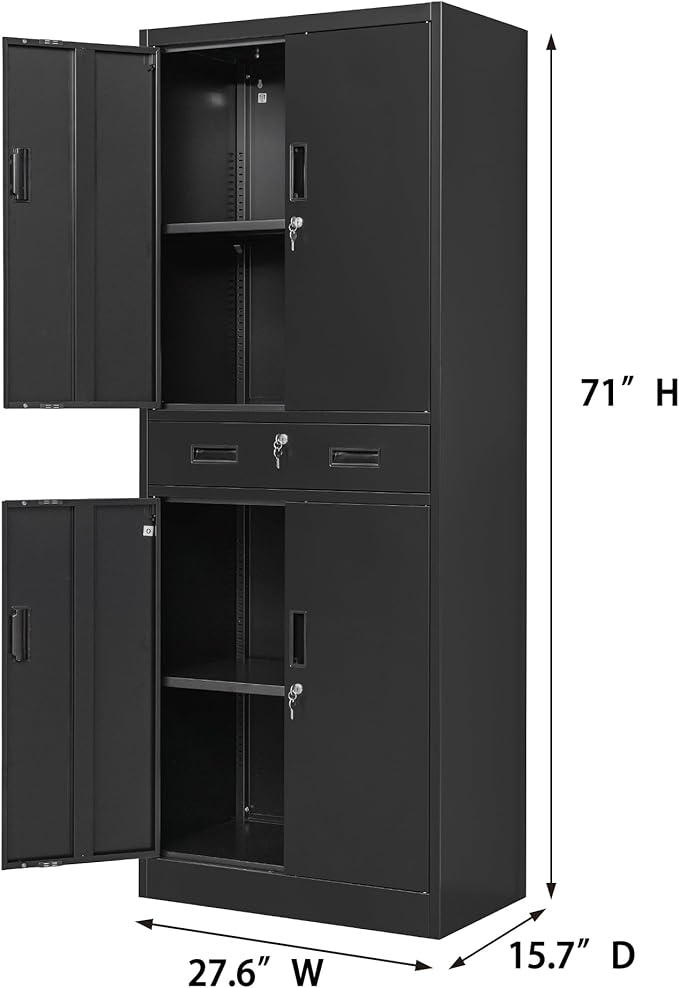 CMY Metal Storage Cabinet, 71" H x 28" W x 16" D Locking Storage Cabinet with Adjustable Shelves and One Drawer, Steel Cabinets for Office, Garage, Home, School, Utility Room(Black)