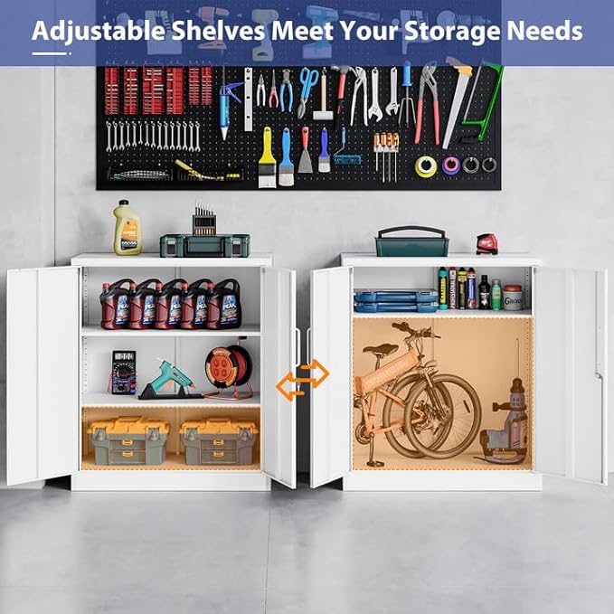 Metal Storage Cabinet with Doors and Adjustable Shelves,Steel Lockable Cabinet for Garage,Office and School Assembly Required(White)