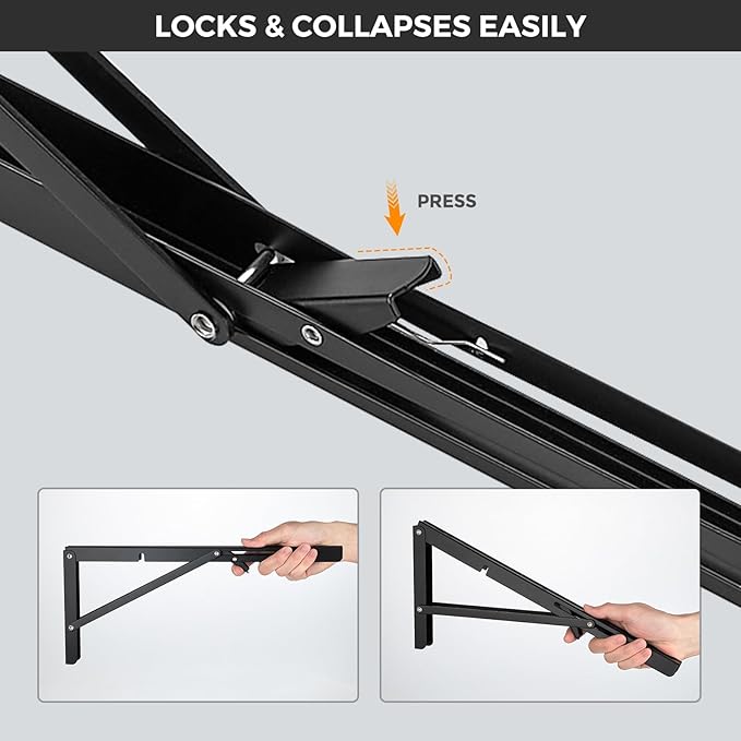 JOY DECOR 16 Inch Heavy Duty Folding Shelf Brackets, 2 Pack (1 Pair) Collapsible Wall Mounted Brackets for Fold Down Table, Stainless Steel Folding Table Hinge, Matte Black