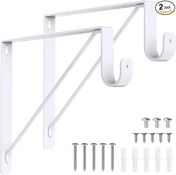 2 Pack Closet Rod Bracket, Heavy Duty Closet Rod Support with Rod Holder, Wall Mounted Closet Shelf Brackets with Triangle Stabilizing Design for Closet, Bathroom and Kitchen, White