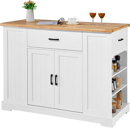 VEVOR 46" Wood Top Breakfast Bar with Storage Cabinet, Farmhouse Kitchen Table with Adjustable Shelf, Drawer, for Dining Kitchen Living Room, White