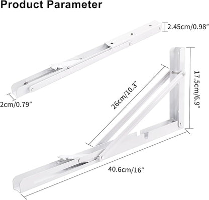 YUMORE Folding Shelf Brackets, 16 Inch Heavy Duty Collapsible Shelf Bracket, White DIY L Bracket for Workbench Folding Table Hinge, Max Load: 330lb, Pack of 2