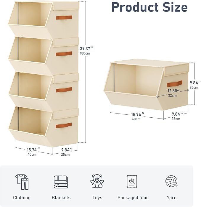 Stackable Closet Organizers and Storage Bins, Open Front Closet Shelf Organizer System With Steel Frame, Clothes Storage Basket Fabric, Collapsible Closet Drawers for Wardrobe, Nursery ,Toy, 6 Pack