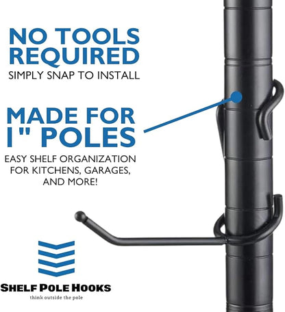 Shelf Pole Hooks 5-Pack | 4" Black All-Purpose Snap-On Hooks for 1" Wire, Metal & Metro Shelving | Heavy-Duty Garage, Pantry, Basement & Utility Storage Hooks
