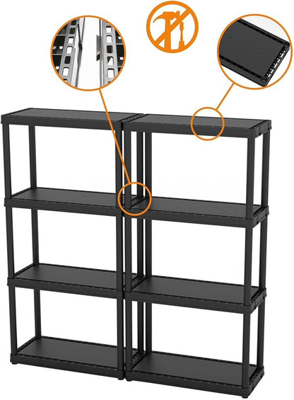 Gracious Living 4 Shelf Fixed Height Solid Light Duty Storage Unit 12 x 24 x 48 for Home, Garage, Basement, & Laundry, Black (2 Pack)