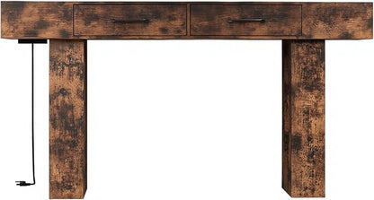LUMISOL Farmhouse Entryway Table with 2 Drawers, Console Table with Side Power Outlet, 63-Inch Long Sofa Table for Hallway Living Room Office, Reddish Brown