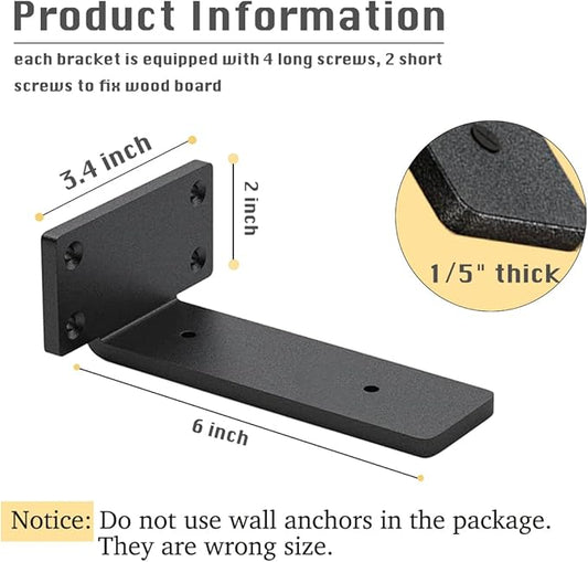6 Pack Shelf Brackets 6 Inch Floating Shelf Bracket 1/5 inch Thick Heavy Duty Hidden Shelf Brackets Iron Metal Brackets for Shelf Support with Screw Included