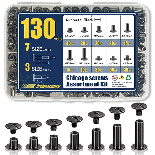 130 Sets Gunmetal Black Chicago Screws Leather Rivets Kit, 7 Sizes (M5*4,5,6,8,10,12,15) & 3 Screw Lengths (M4*3,4,5) for Belts, Bookbinding, DIY Leather