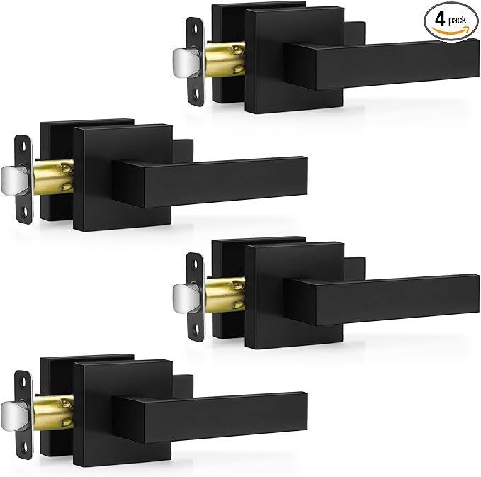 4 Pack Black Door Handles Interior, Passage Door Levers for Hallway&Closet, Interior Closet Door Knobs Heavy Duty Square Non-Locking Handlesets(2.0lb), Reversible for Left&Right Sided Doors