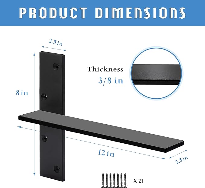 Floating Shelf Bracket 3/8" Thick Heavy Duty Shelf Brackets 3 Pack Free Hanging Countertop Support Bracket 8" Lx2.5 W Floating Wall Brackets for Cabinets, Granite, Dishwasher, Bench Seats Vanities