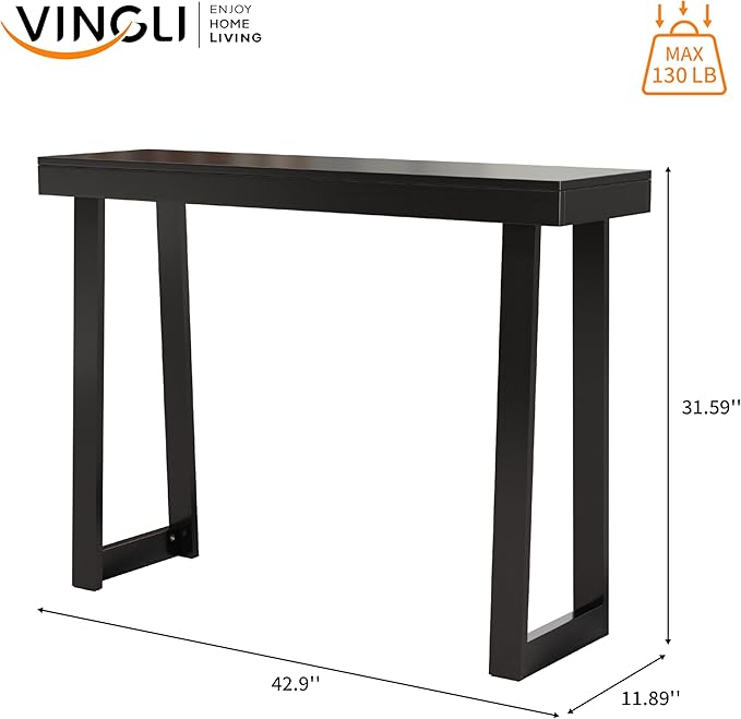 VINGLI 42.9" Black Console Table, Solid Wood Entryway Table, Narrow Sofa Table Behind Couch, Thin, for Living Room, Entrance, Hallway, Foyer, Bedroom, Office