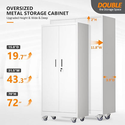 VINGLI Large Metal Storage Cabinet with 2 Doors and 5 Adjustable Shelves, Upgraded Height & Wide & Deep, 43''W x 20''D x 72''H, Oversized Garage Storage Cabinet with Wheels and Locks (White)