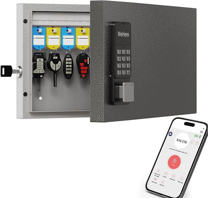 WeHere 24 Key Lock Box Wall Mount, APP Bluetooth/OTP/Wi-Fi/Fixed Code/Key Unlock, Smart Key Cabinet with Key Tag, Key Organizer Holder Box, Key Management Directory for Office, Valet, Realtor, Hotel