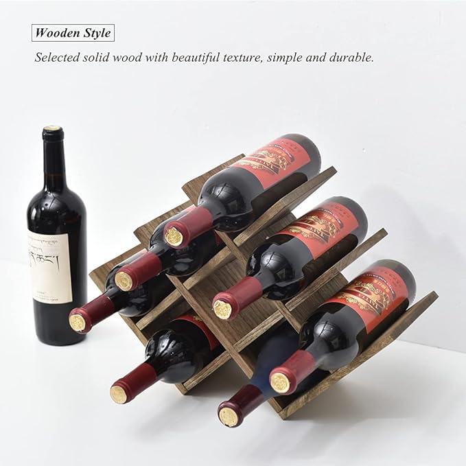 KIRIGEN 8-Bottle Countertop Wine Rack - Wine Bottle Holder for Bar Table/Wine Cabinet Free Standing - Wood 3-Tier Wine Display and Storage Shelves Dark Brown XHJJ3-DBR