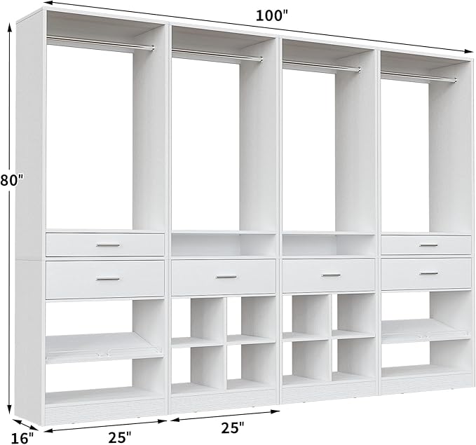 Unikito Closet System, 8.3FT Closet Organizer with 6 Wooden Drawers, Hanging Rods, Adjustable Shoe Rack and Cube Storage, Easy Assembly Wardrobe Tower, Set of 4, White