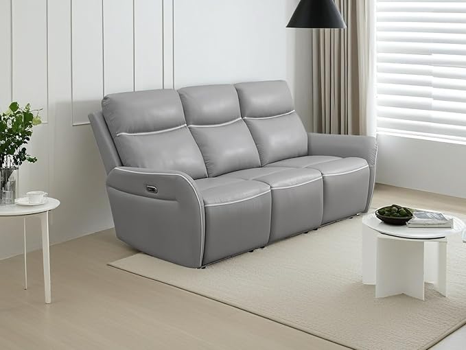 Grey Breathing Leather Power Reclining Sofa Set with USB Port, Living Room Furniture Sets, Recliner Power Sofa Couches with Cup Holders/Storage Console/Drop-Down Table for Apartment/Home/Office