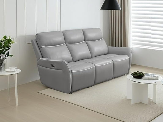 Grey Breathing Leather Power Reclining Sofa Set with USB Port, Living Room Furniture Sets, Recliner Power Sofa Couches with Cup Holders/Storage Console/Drop-Down Table for Apartment/Home/Office