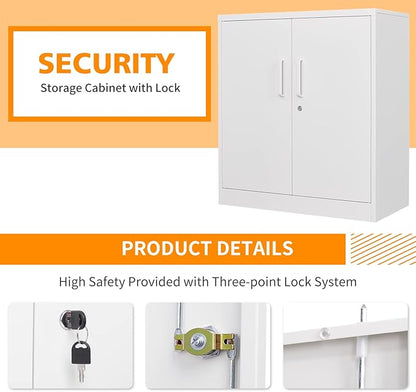 MIIIKO Metal Storage Cabinet with Locking Doors, 2-Door Locker with 2 Shelves, White Metal Cabinet with Lock for Home Office, Garage, Utility Room, Kitchen and School