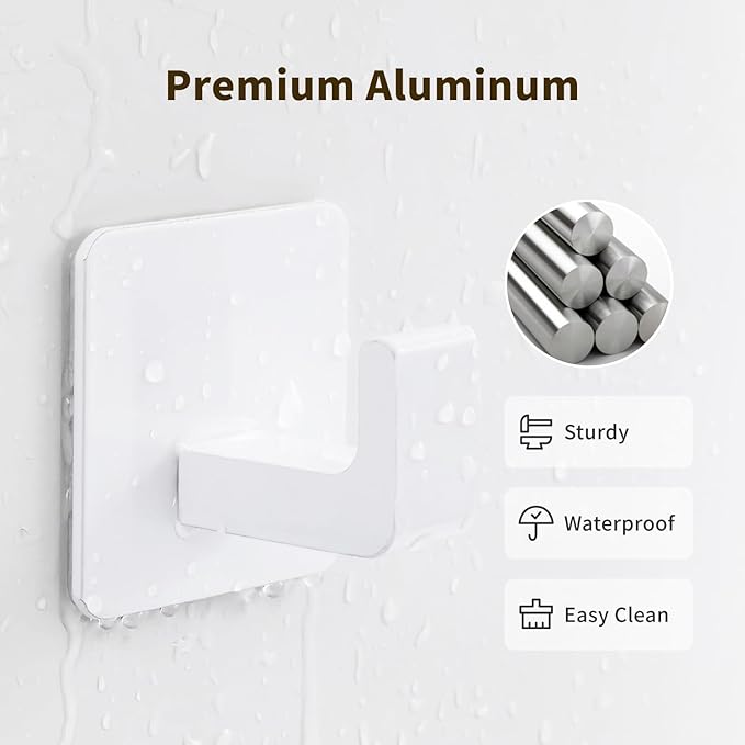 Square Self Adhesive Towel Hooks - 2 Pack Matte White Metal Hooks, Right-Angle Design for Towels, Robes & Hats, Organize Bathroom, Kitchen, Entryway, Doors, Cabinets on Smooth Surfaces