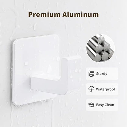Square Self Adhesive Towel Hooks - 2 Pack Matte White Metal Hooks, Right-Angle Design for Towels, Robes & Hats, Organize Bathroom, Kitchen, Entryway, Doors, Cabinets on Smooth Surfaces