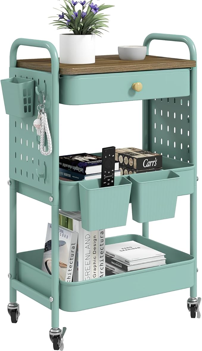 danpinera 3 Tier Rolling Cart, Metal Utility Cart with Wooden Table Top & DIY Pegboard, Rolling Carts with Drawer, Storage Cart Craft Cart with Hooks & Hanging Cups for Kitchen, Bathroom, Office