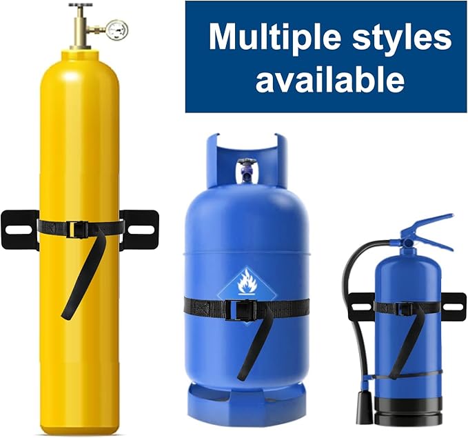 2PCS Gas Cylinder Wall Mounted Brackets, with 59 inches Safety Nylon Belt, Steel Propane Tank Holder, Heavy Duty Oxygen Nitrogen Tank Bracket for OTG Rv Water Softener - Black