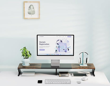 Dual Monitor Stand Riser, Large Wood Monitor Riser for 2 Monitors, Monitor Lift with Storage for Desk, Sturdy Wood&Steel Multi Screen Stand, Desktop Organizer Monitor Stand for Computer