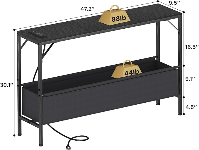 Console Tables with Charging Station and Storage Basket, 47.2'' Entryway Table Narrow with Power Outlets USB Ports, Couch Table Behind Sofa, Hallway Table for Foyer, Living Room, Black